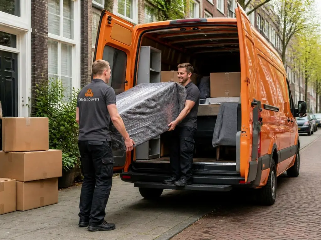 Verhuisbus van Stadssjouwers wordt ingeladen op straat