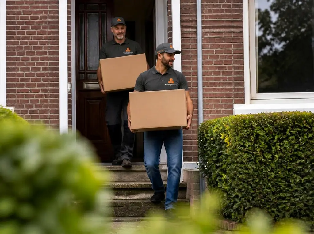 Twee sjouwers van Stadssjouwers dragen verhuisdozen een woning binnen